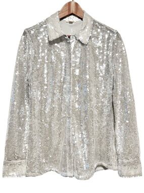 Ultra Pink Silver Sequin Button Up Shirt Party Holiday Glam Size M